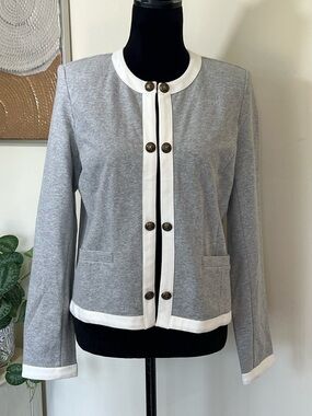 Tommy Hilfiger Women's Contrast-Trim Open-Front Grey Jacket Size Medium